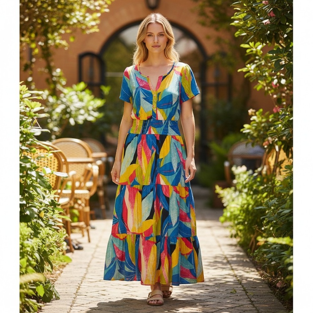 Tahari ASL Maxi Dress L Multicolor Print Long Tiered Boho Resort Maximinimalist